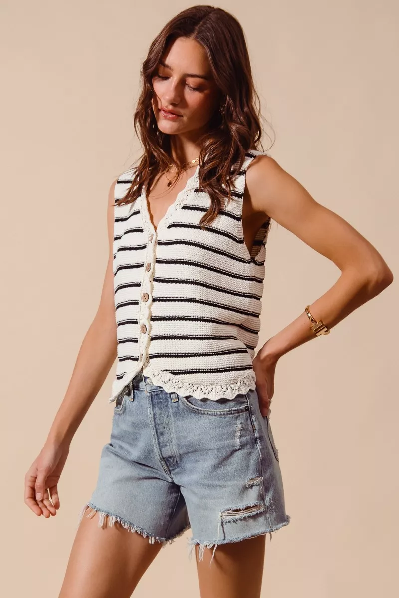Buttoned Front Stripe Texture Knitted Sweater Vest, image 9