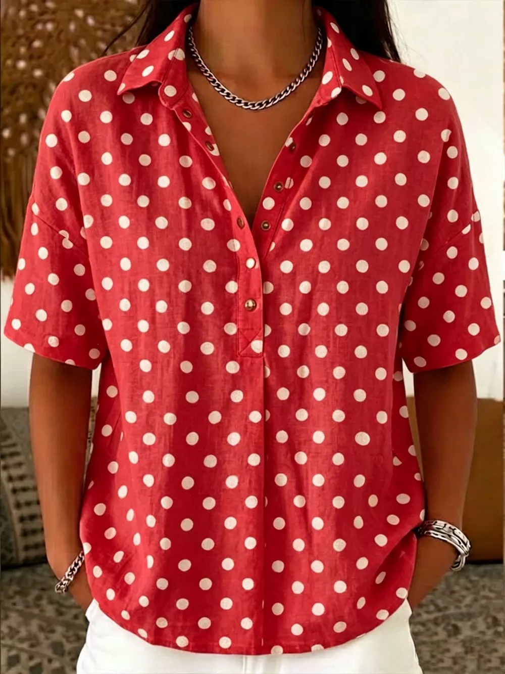 Full Size Polka Dot Short Sleeve Shirt Plus Size, image 6