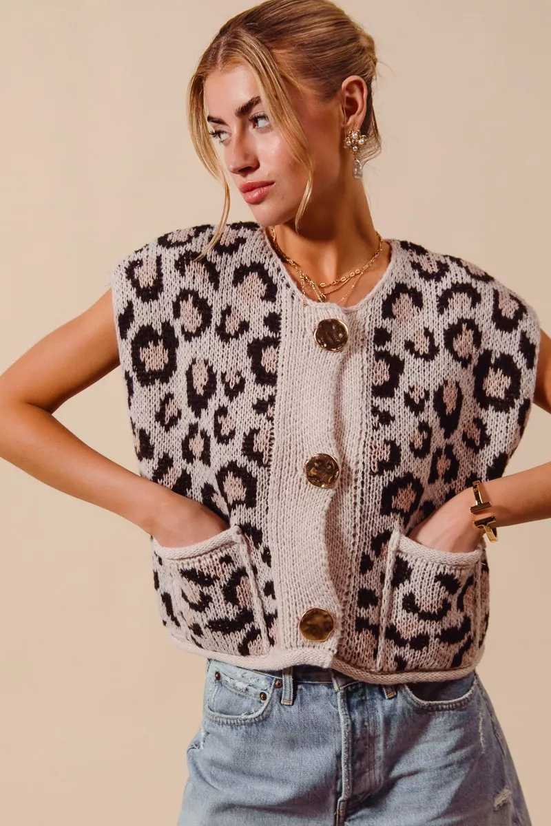 Big Metal Button Front Leopard Sweater Vest Top, image 10