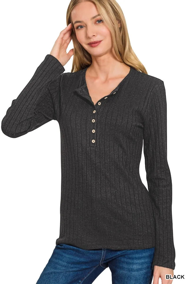 Ribbed Long Sleeve Half Button Top, image 3