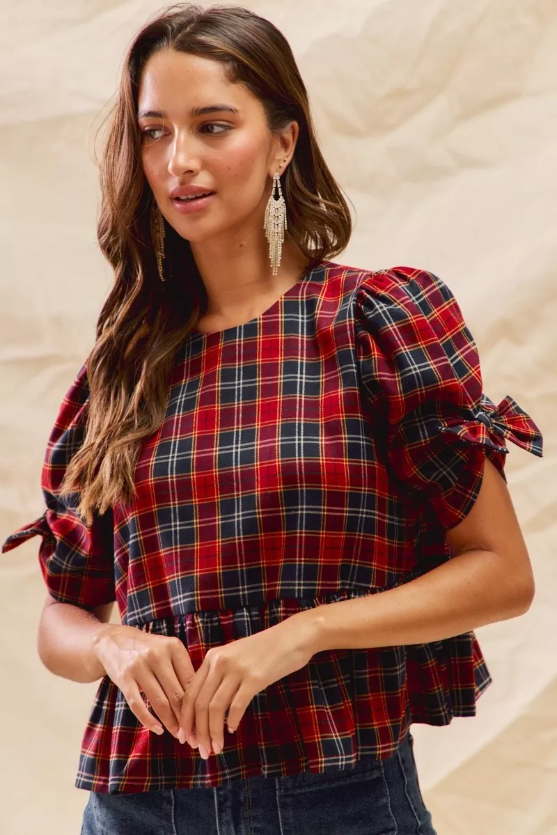 Christmas Holiday Plaid Ribbon Short Sleeves Top, image 7