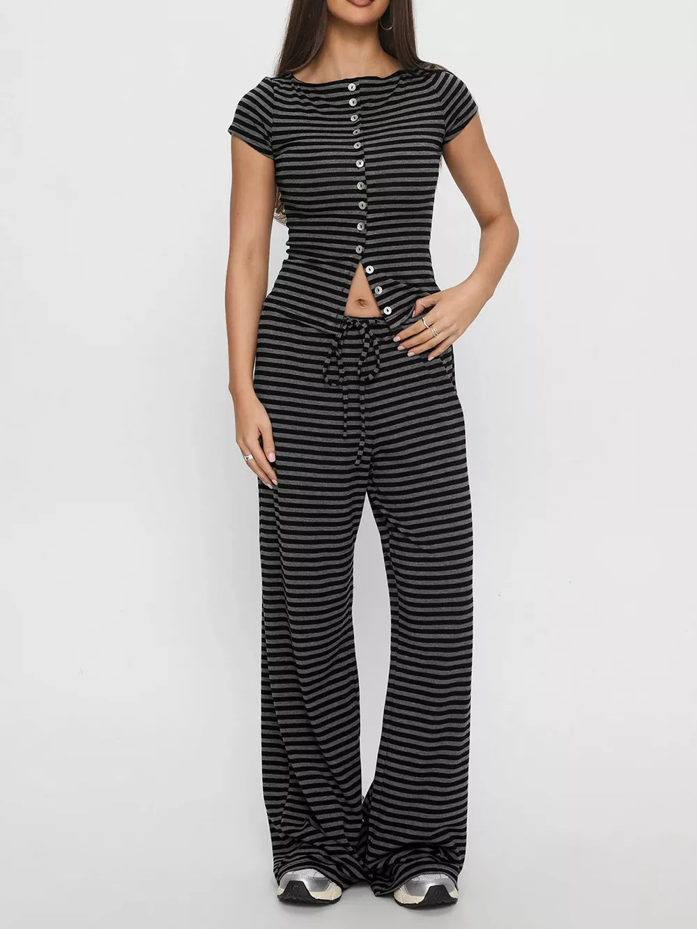 Striped Button-Down Top and Wide-Leg Pants Set, image 5