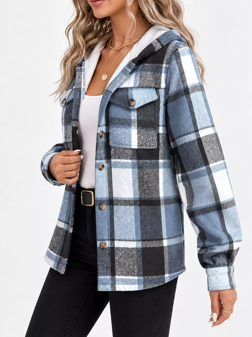 Fleece-Lined Plaid Button Up Shacket, image 8