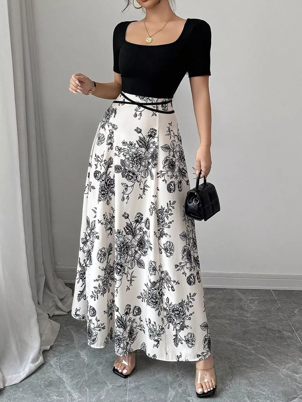 Floral Print Square Neck Maxi Dress, image 3
