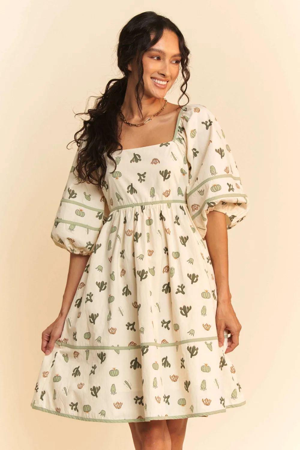 Cactus Printed Poplin Contrast Piping Mini Dress, image 2