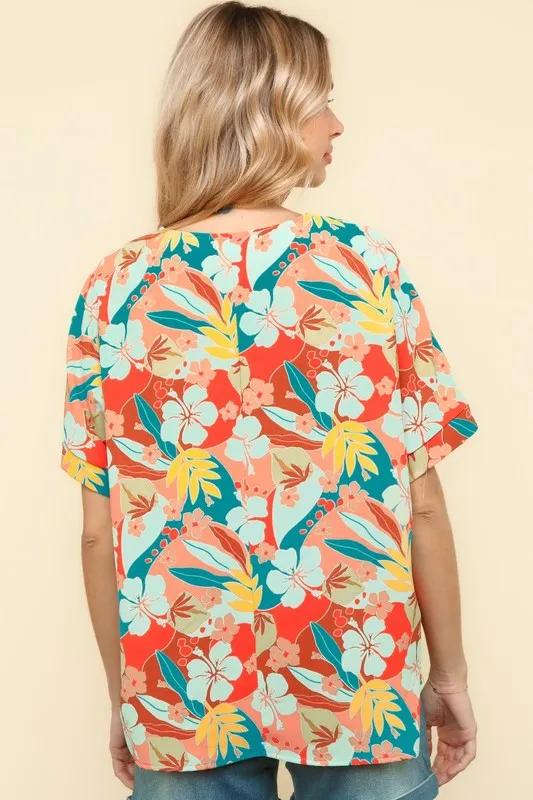 V Neck Drop Shoulder Hawaiian Woven Top, image 6