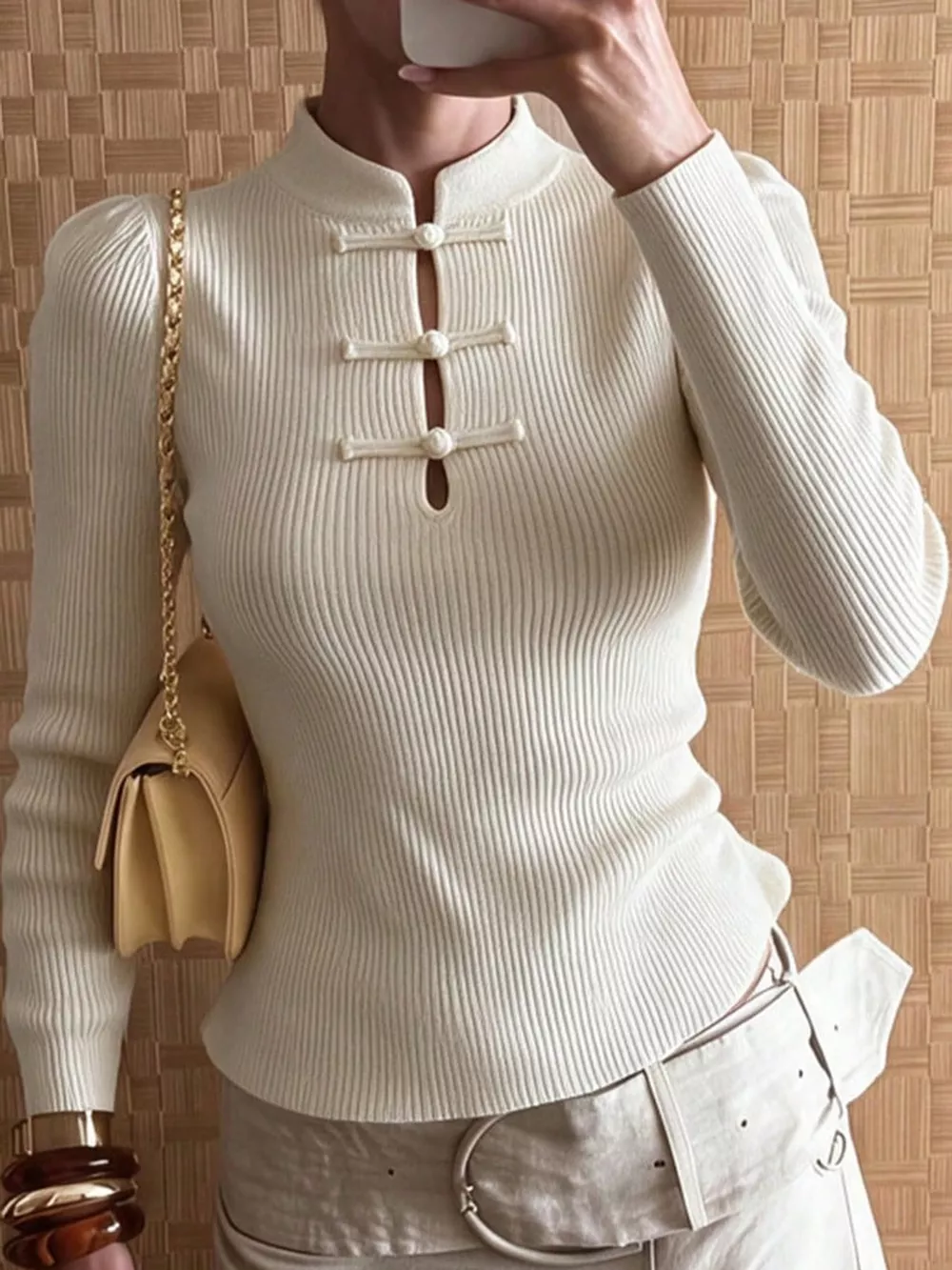 Chinese-Style Button Ribbed Knit Top