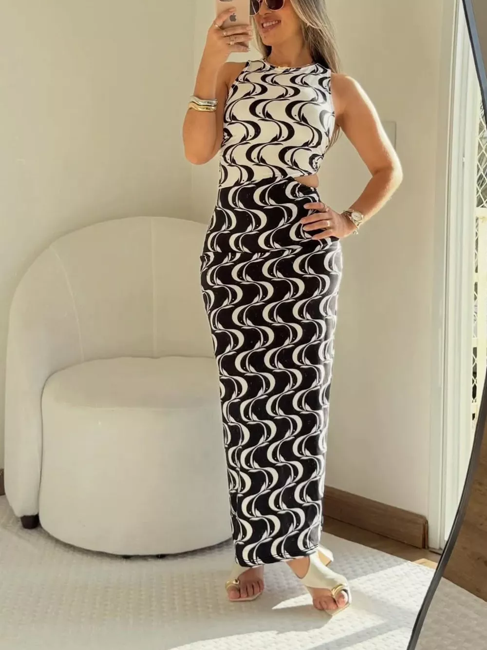 Sleeveless Wave Print Cutout Maxi Dress, image 5