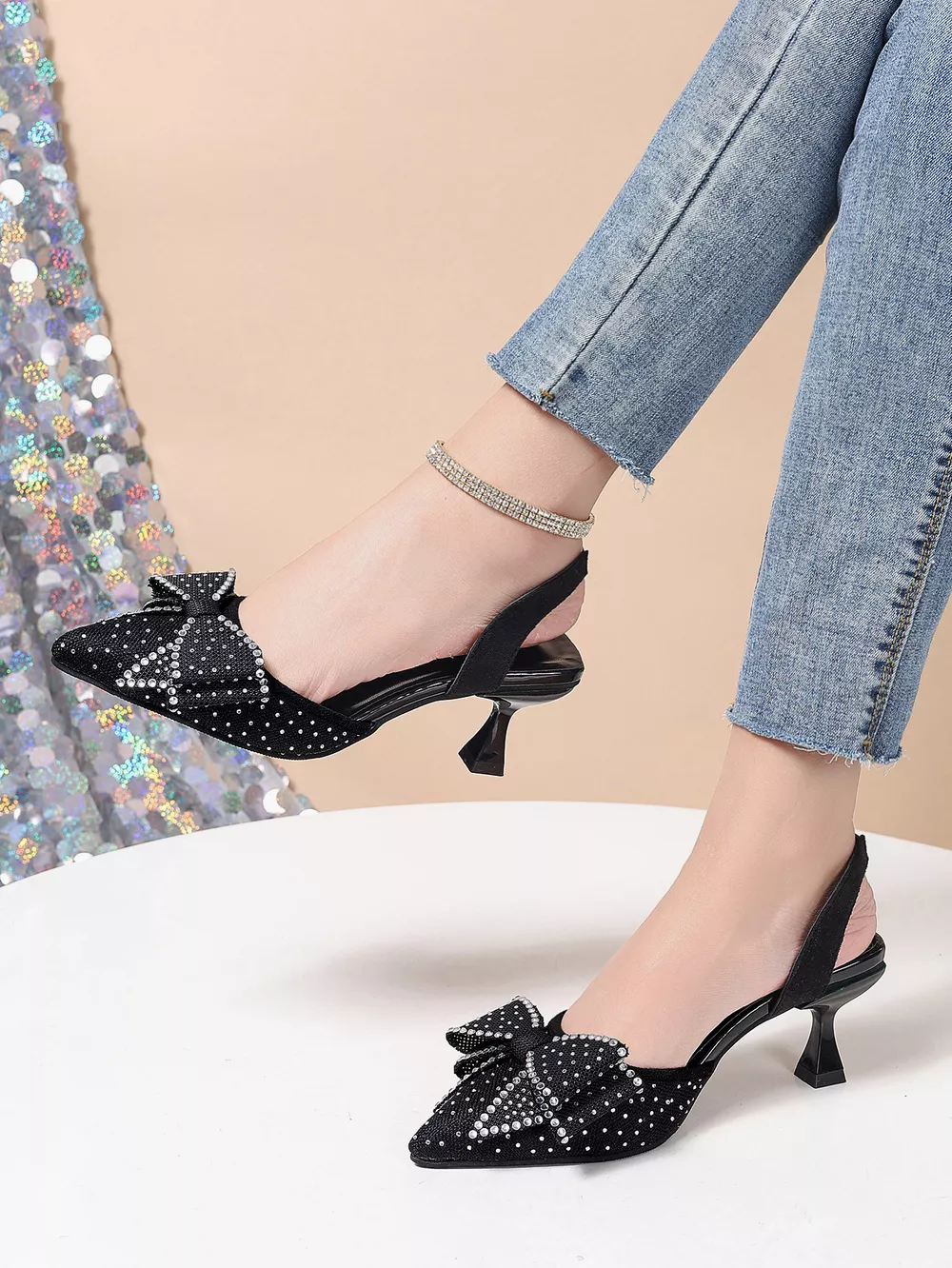 Rhinestone Bowknot Slingback Pumps, image 6