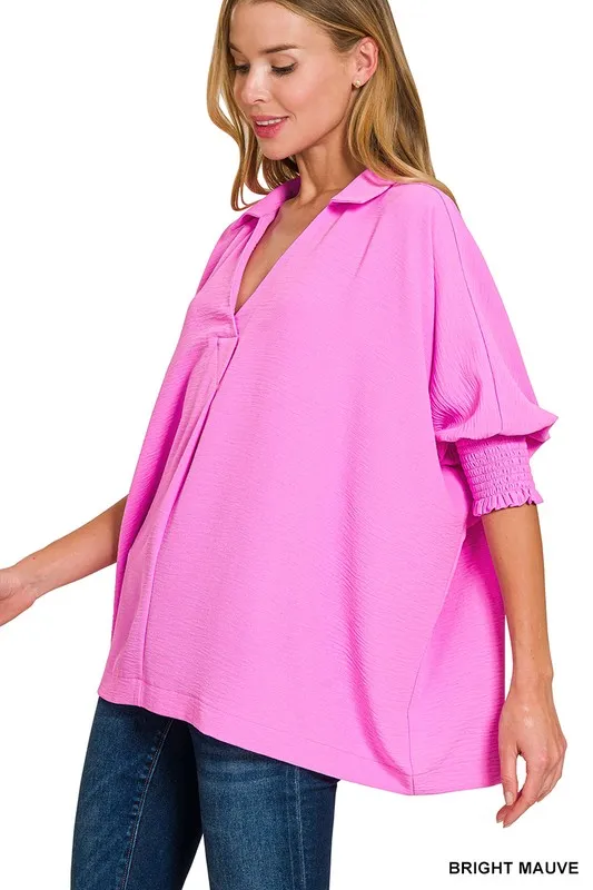 Airflow Collar Tee with Smocked Sleeve Band Top, image 2