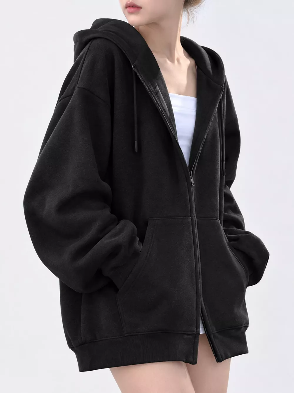 Full Size Zip-Up Dropped Shoulder Hoodie Plus Size, image 11