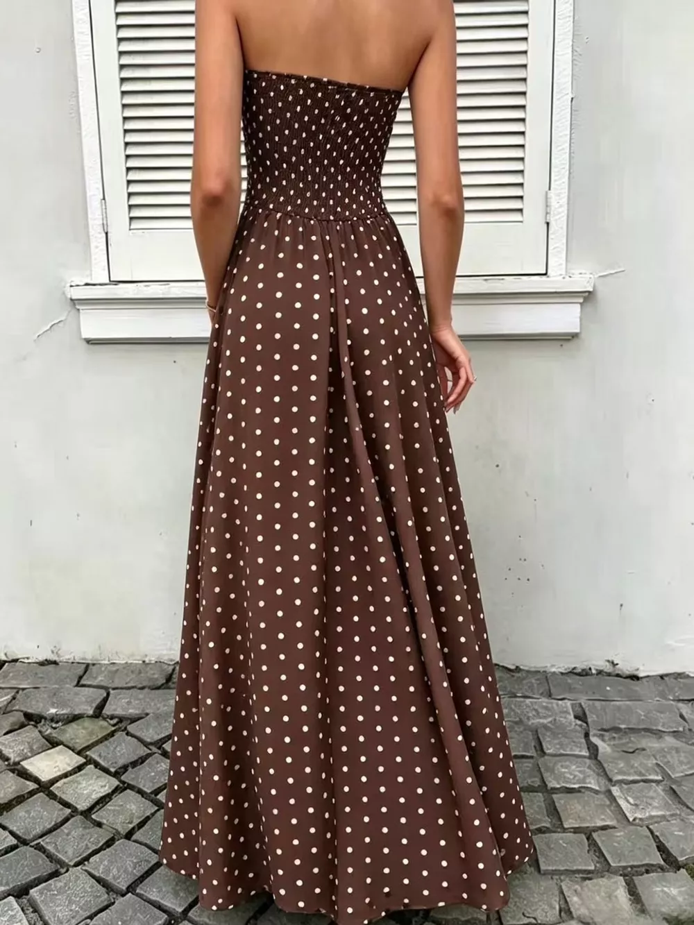 Strapless Polka Dot Ruched Maxi Dress, image 25