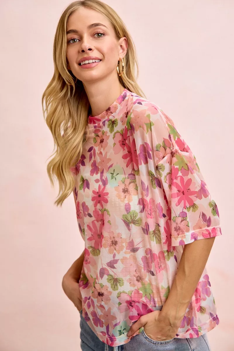 Floral Print Short Sleeves Boxy Mesh Top, image 12