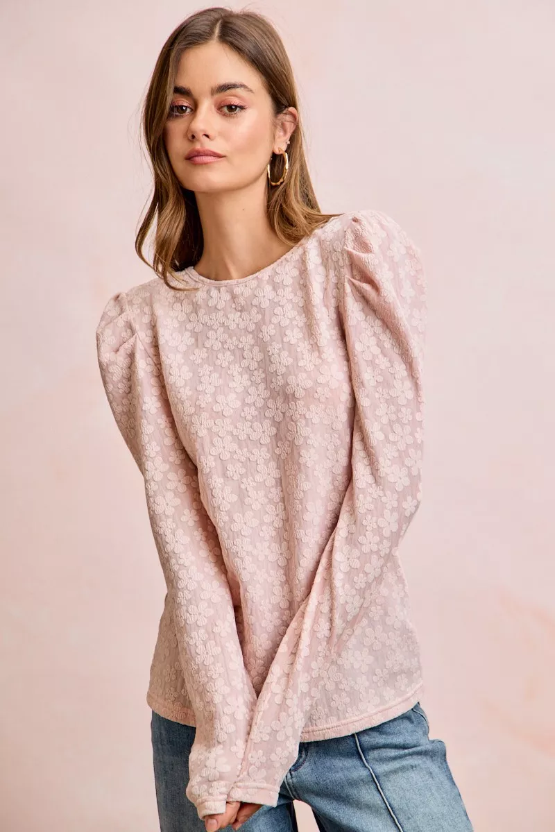 Textured Flower Knit Puff Shoulder Top, image 14