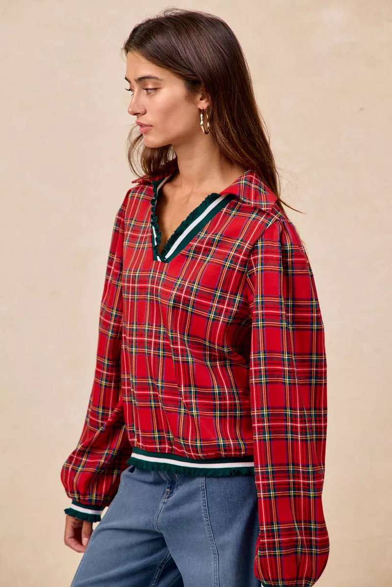 Christmas Plaid Collared Top with Ruffled Detail, image 11