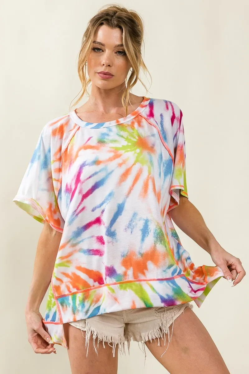 Tie Dye Print Jersey Stitched Uneven Hem Top, image 6