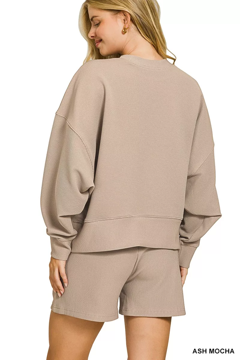 Ribbed Round Neck Pullover and Shorts Set, image 3
