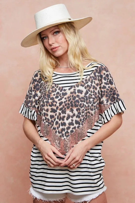Stripe Rayon Span Knit Color Block Top With Leopard, image 18