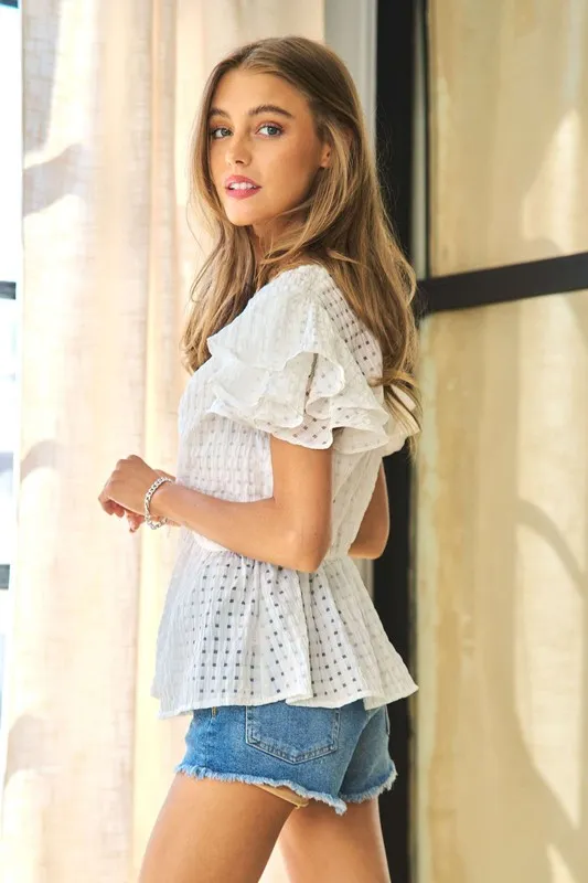 Shirring V-Neck Ruffle Gingham Plaid Printed Top, image 3