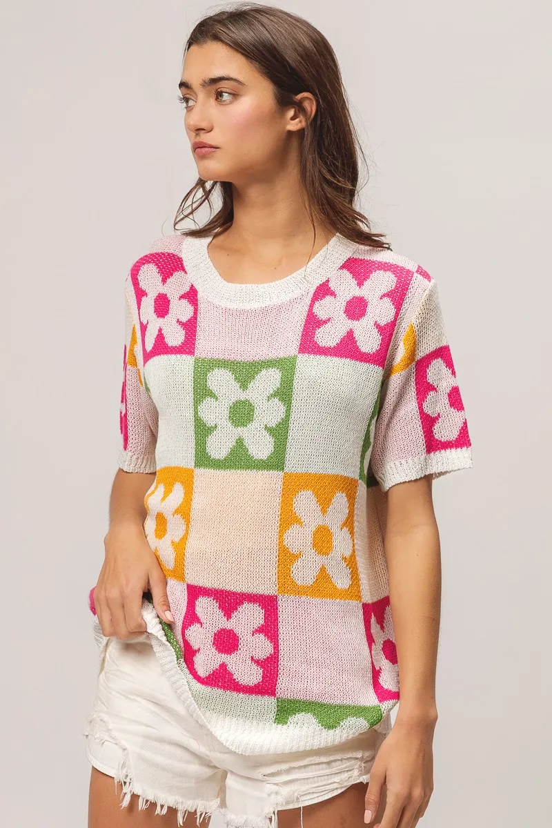 Flower Checker Pattern Lightweight Sweater Top, image 13