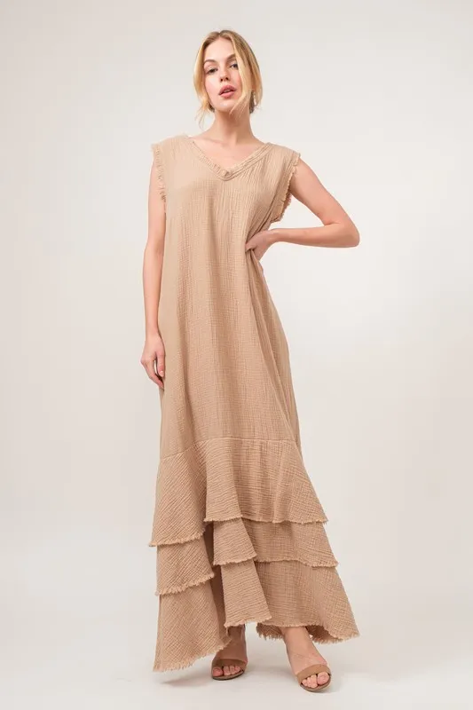 Washed Fringe Detail Tiered Dress