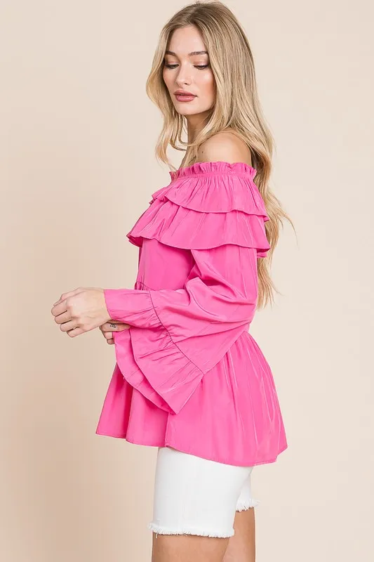 Ruffled Trumpet Sleeve Off-The-Shoulder Top, image 2