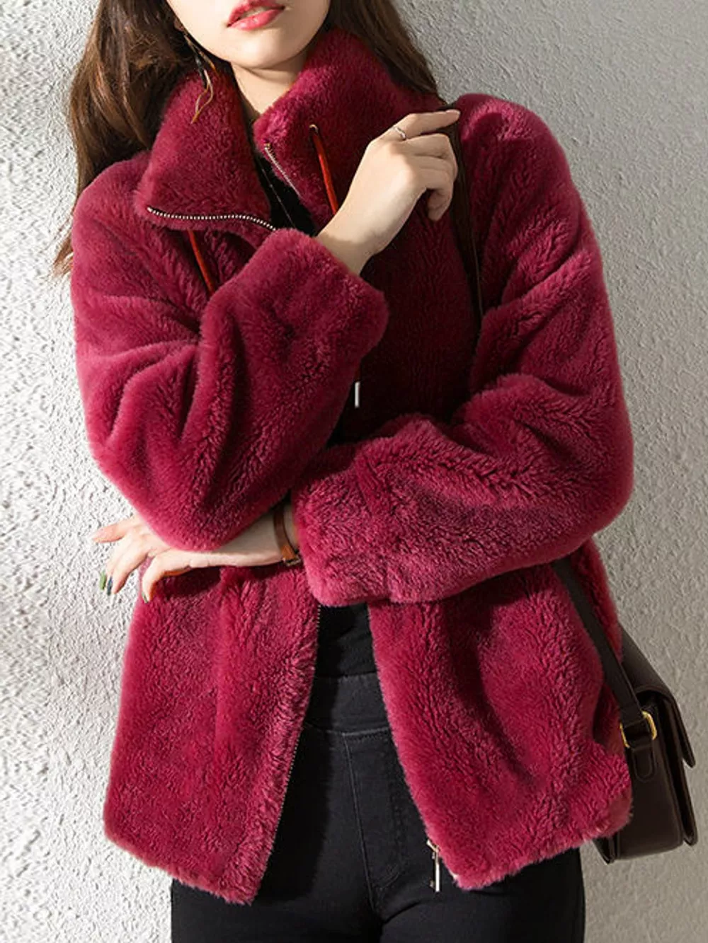 Full Size Drawstring Faux Fur Stand-Collar Zip-Up Outerwear Plus Size, image 25
