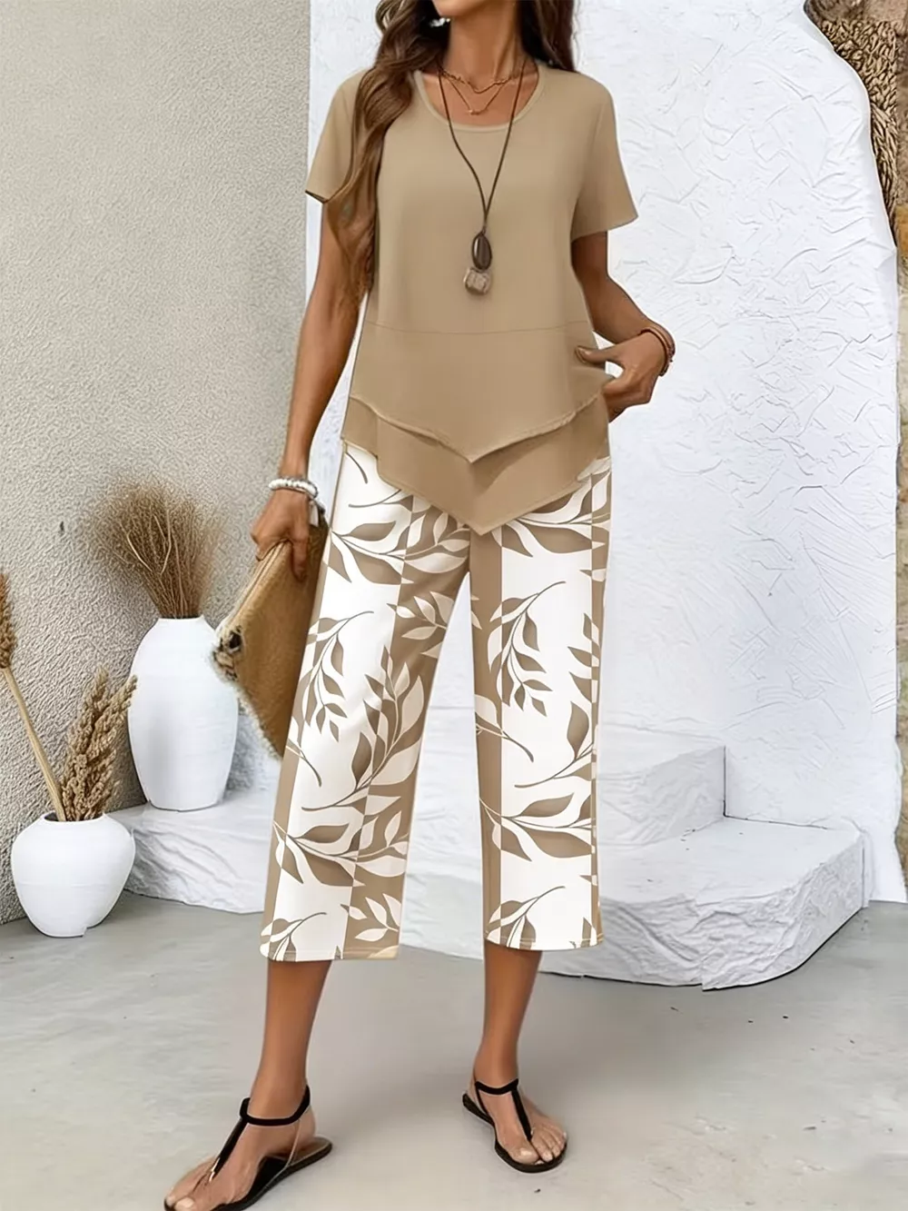 Layered Top and Leaf Print Cropped Pants Set, image 9