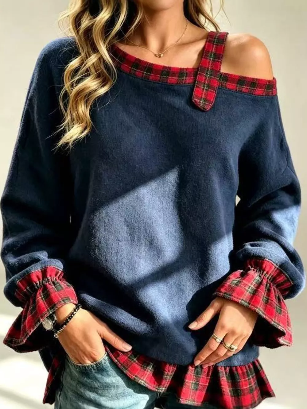 Full Size Plaid Ruffled Hem Asymmetrical Neck Sweatshirt Plus Size, image 19