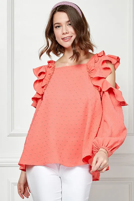 Ruffle Trim Cold Shoulder Swiss Dot Blouse