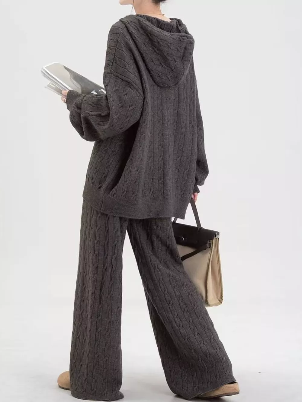 Cable Knit Zip-Up Hooded Cardigan and Wide-Leg Pants Sweater Set, image 5