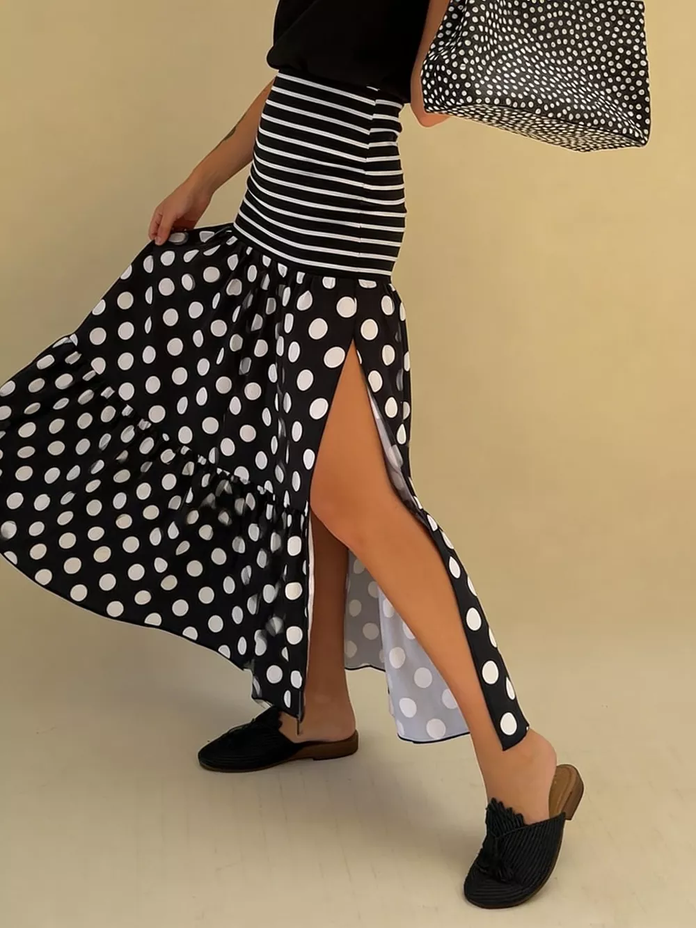 Polka Dot Striped Slit Maxi Skirt, image 4
