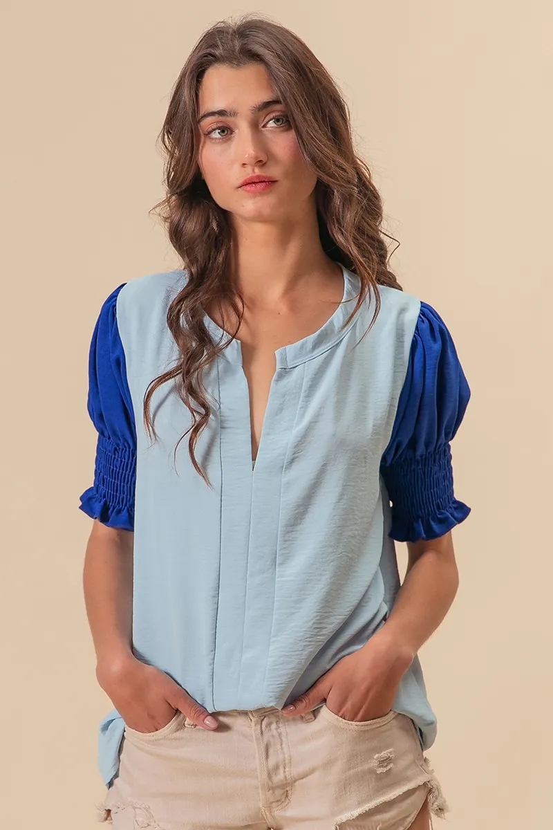 Air Flow Color Block Puff Sleeves V Neck Top, image 8