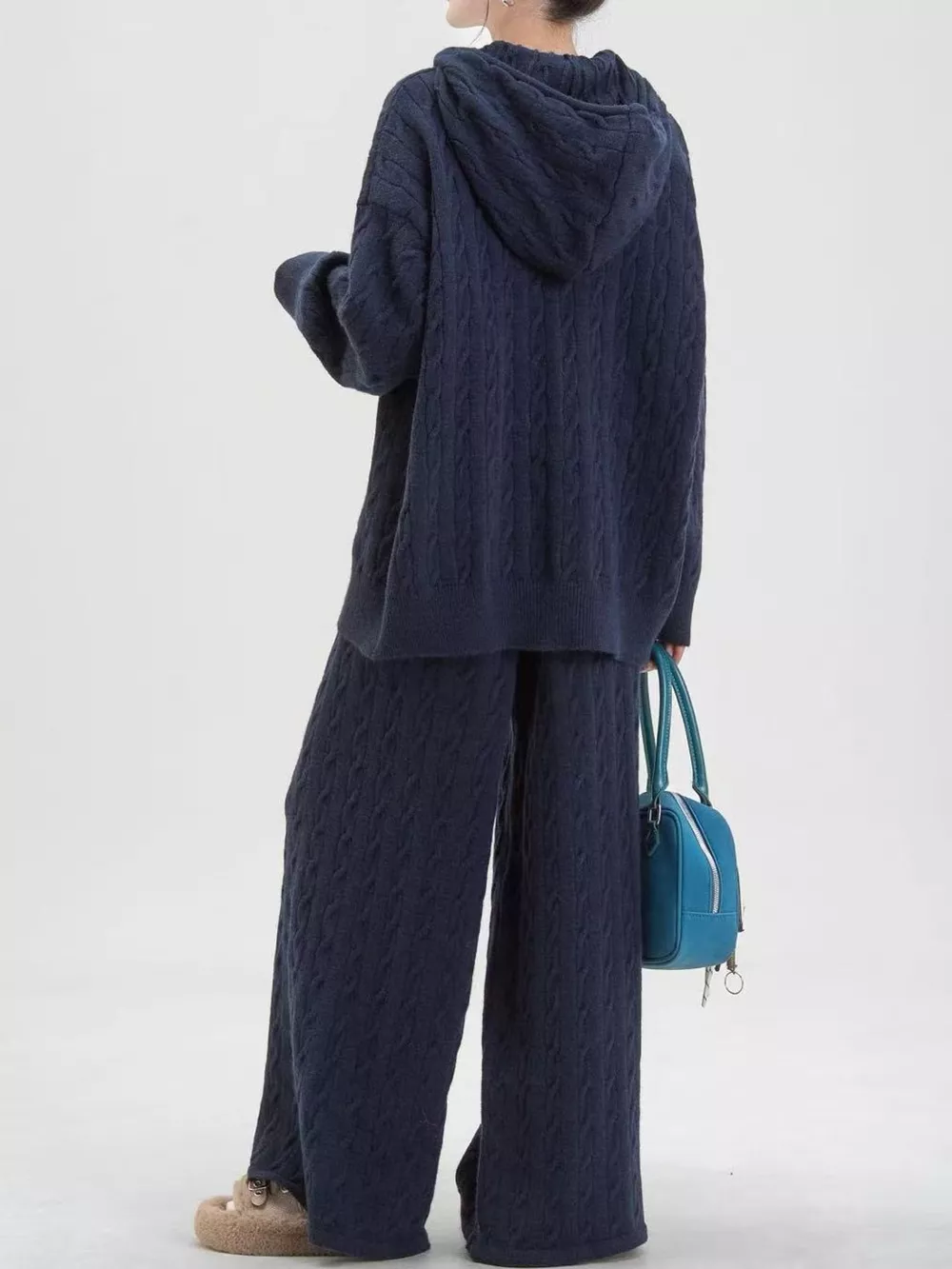 Cable Knit Zip-Up Hooded Cardigan and Wide-Leg Pants Sweater Set, image 17