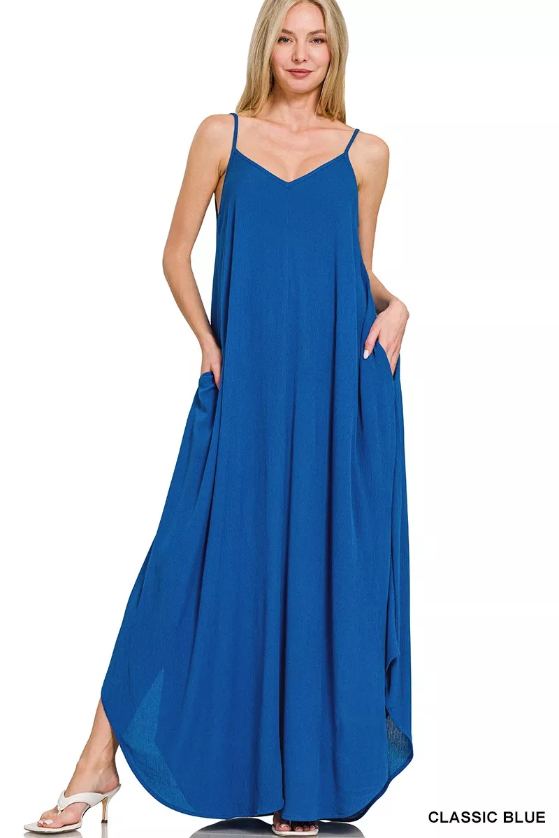 Woven Crinkle Cami Maxi Dress with Side Pockets