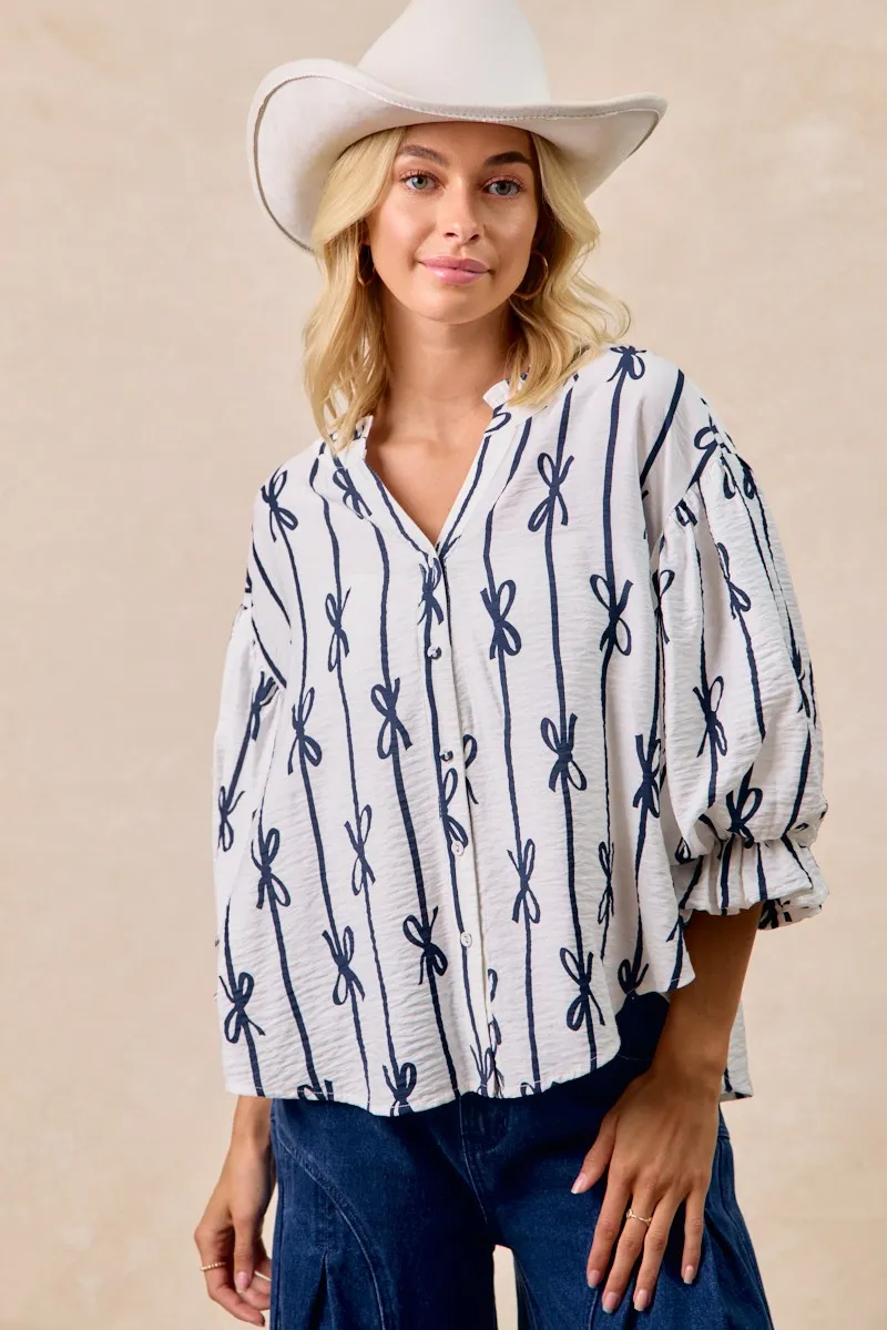 Bow Ribbon Printed Woven Bubble Sleeves Top, image 5