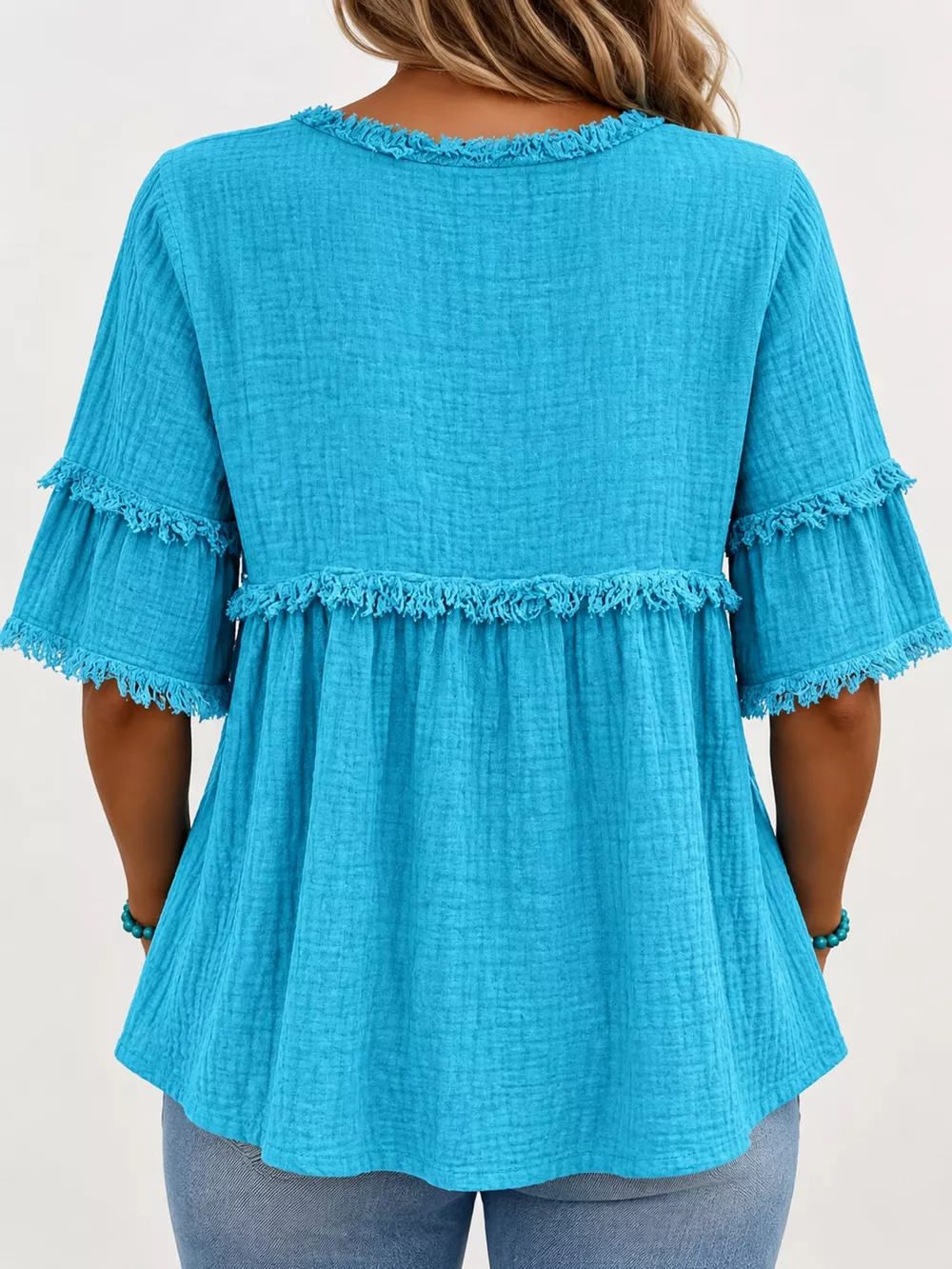 Full Size Frayed Edge Textured Blouse Plus Size, image 28