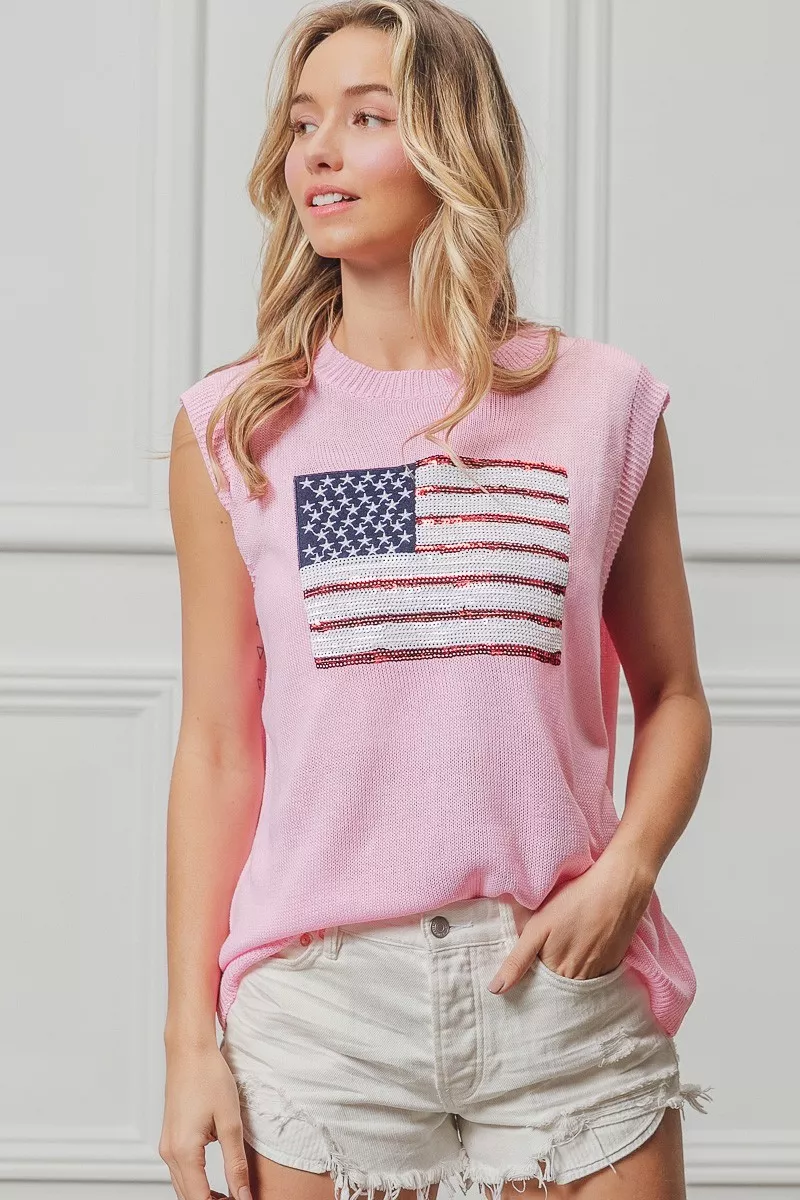 American Flag Sequins Patch Knit Top