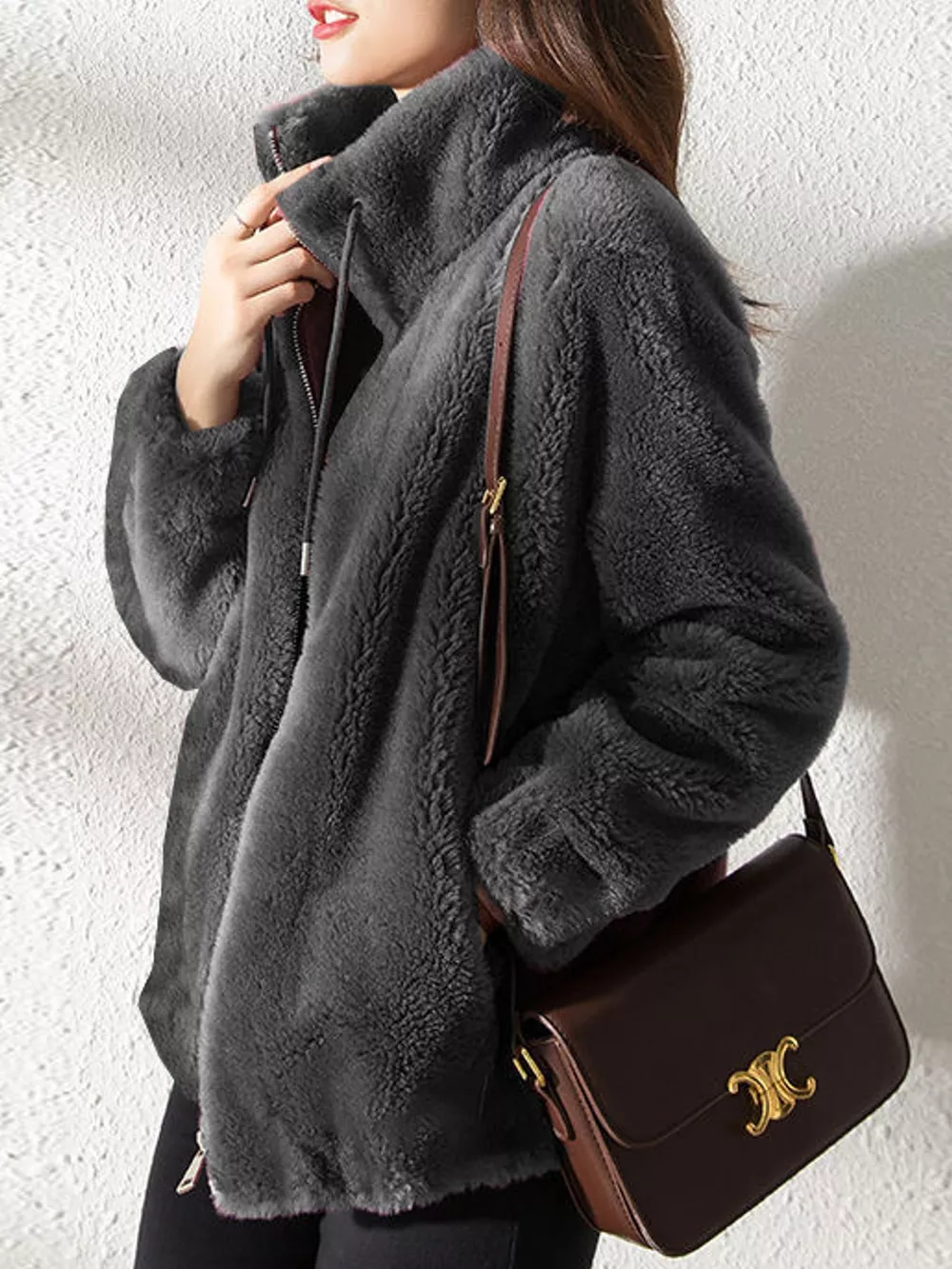 Full Size Drawstring Faux Fur Stand-Collar Zip-Up Outerwear Plus Size, image 15