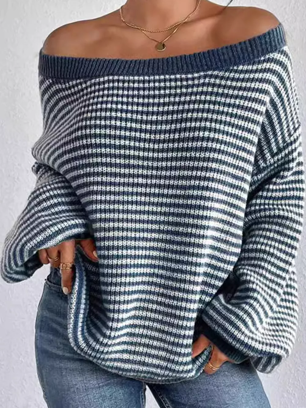 Striped Knit Boat Neck Sweater