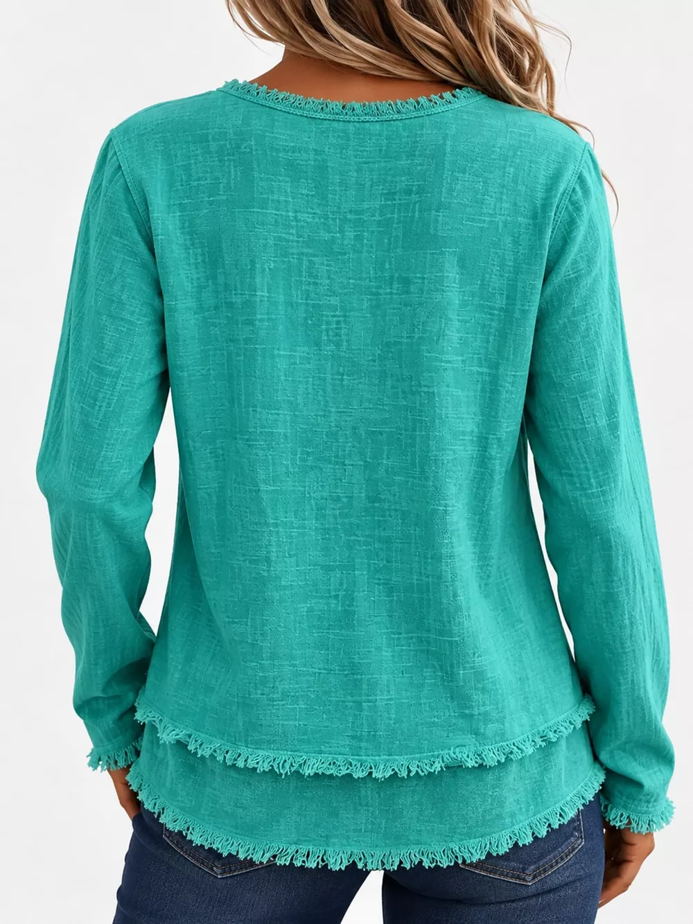 Full Size Frayed Hem V-Neck Long Sleeve Blouse Plus Size, image 43