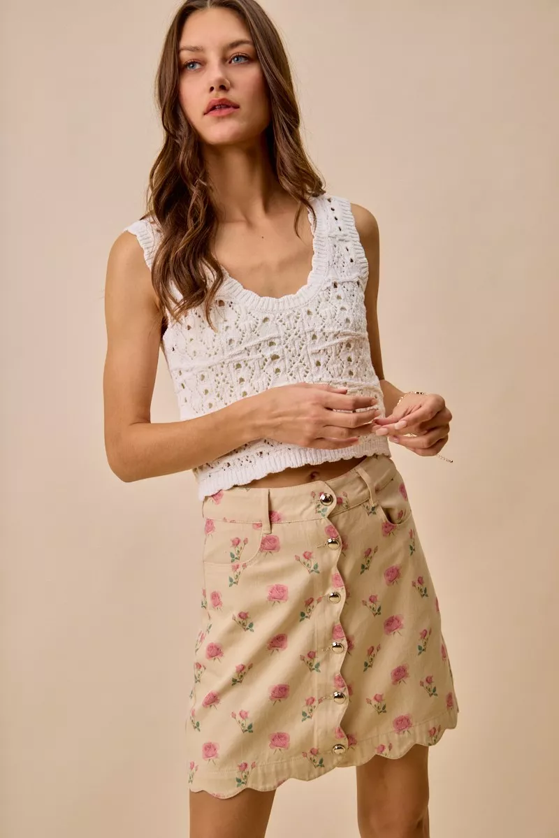 Floral Rose Print Cotton Twill Scallop Mini Skirt, image 7