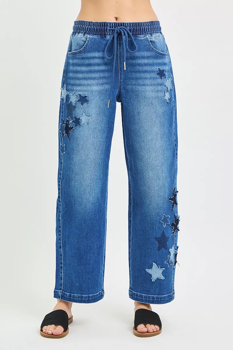 Elastic Band Slouchy Cropped Barrel with Star Patch