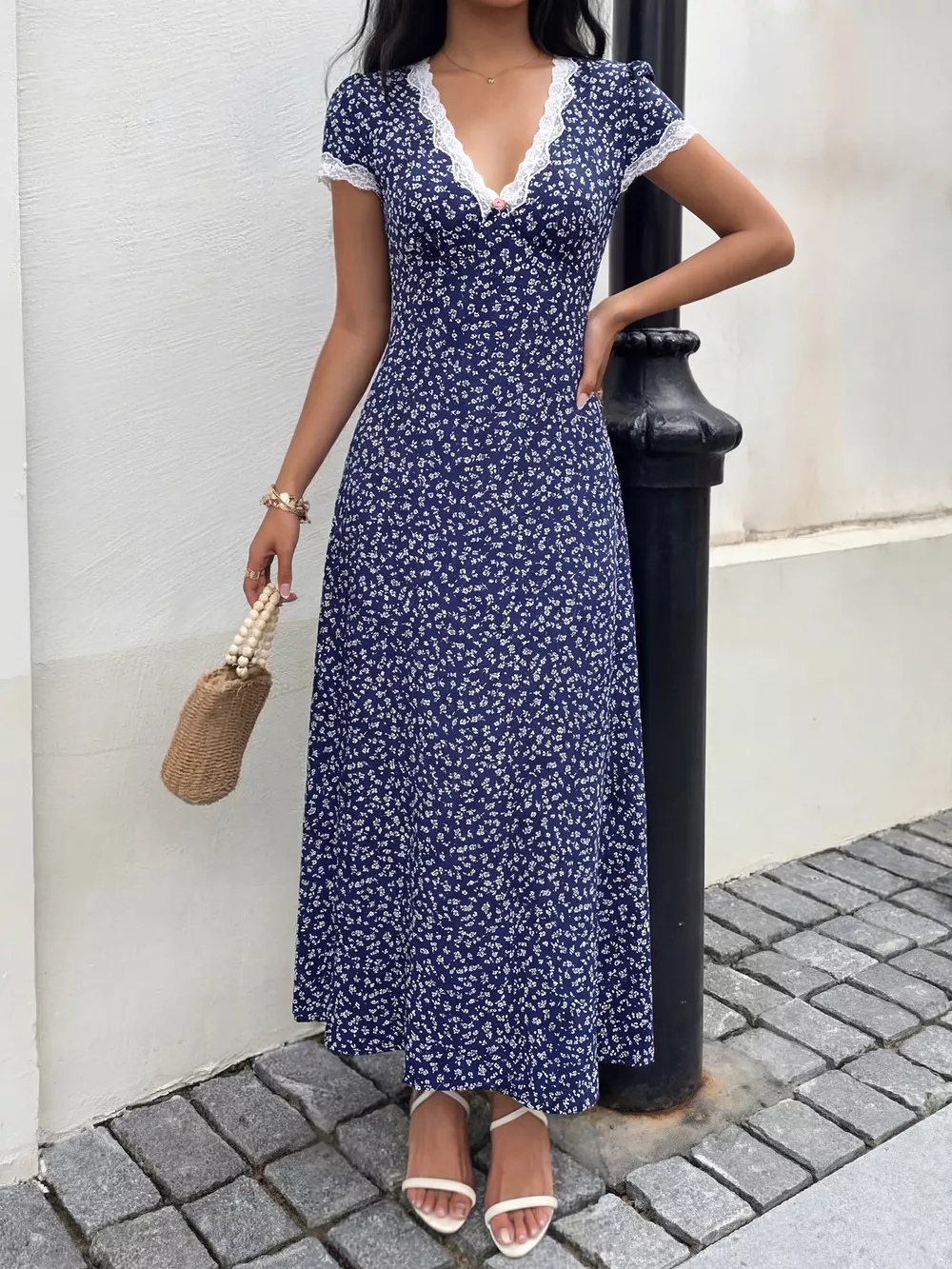 Floral Print Lace Trim Maxi Dress, image 4