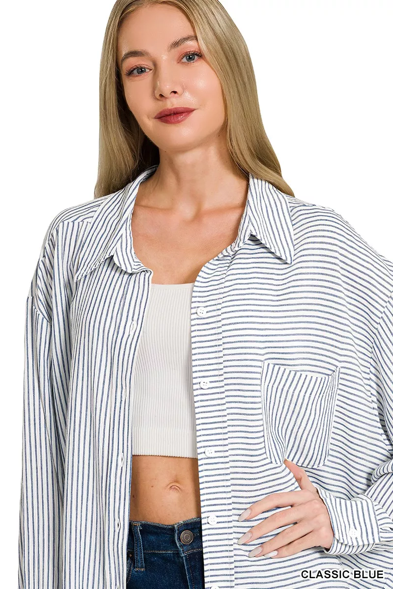 Woven Stripe Button Down Shirt, image 7