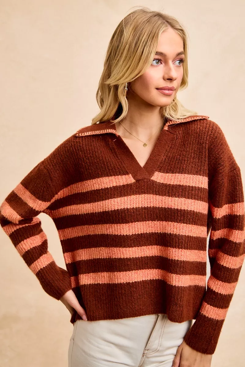 Striped Sweater Top with Collar Stitched Details, image 3