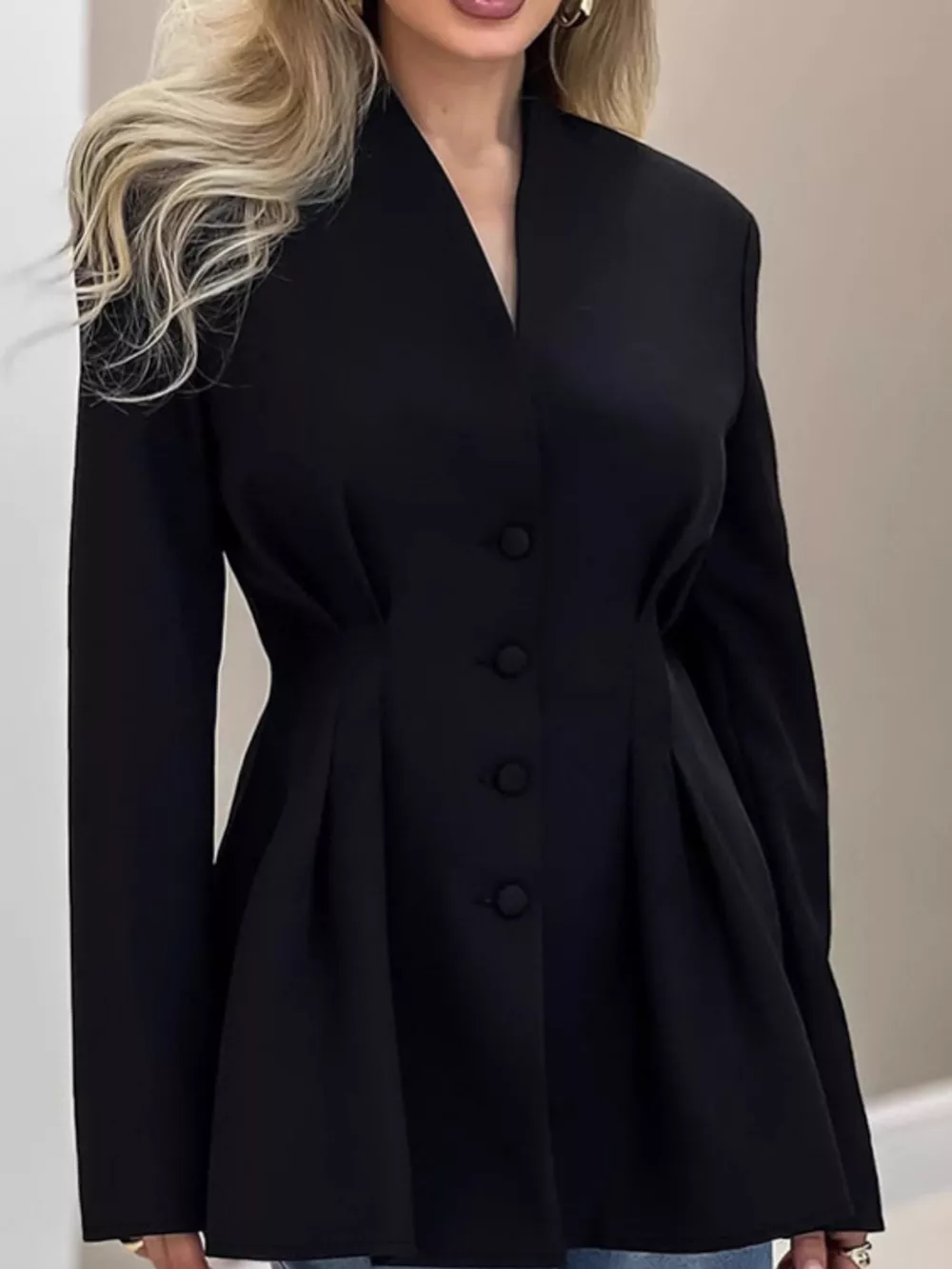 V-Neck Pleated Waist Slim-Fit Blazer, image 4