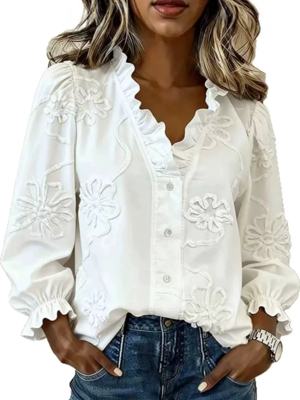 Full Size Floral Embroidered Ruffle V-Neck Blouse Plus Size
