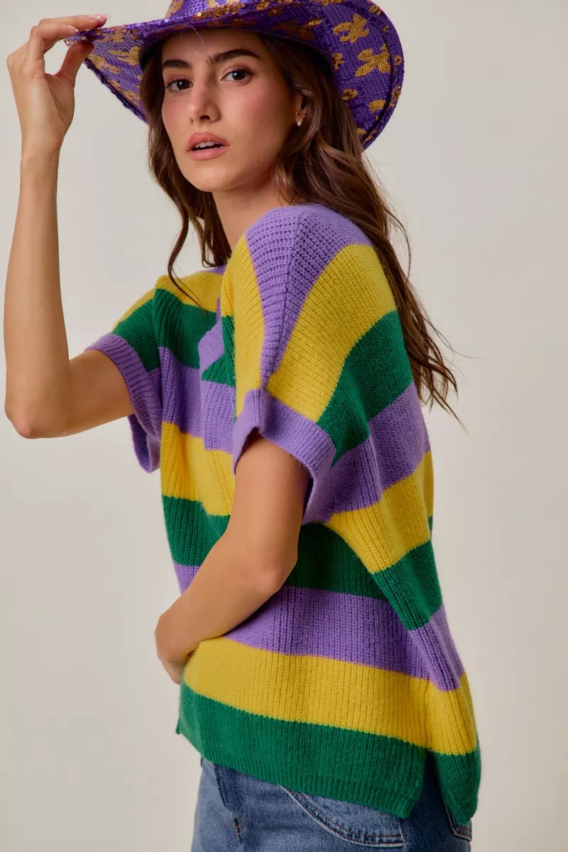 Mardi Gras Loose Fit V Neck Stripe Sweater Top, image 6