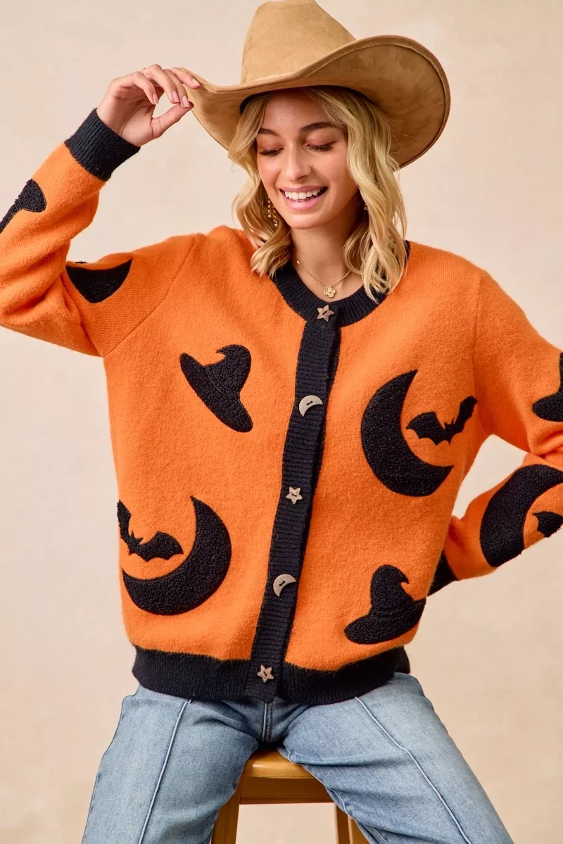 Halloween Witch Hat Moon Bat Artwork Cardigan, image 16